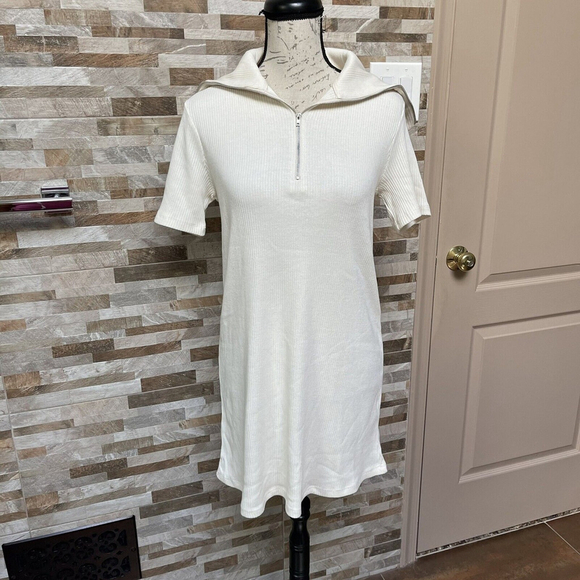 Zara mini t-shirt dress high collar rib knit ivory cream new casual Sz S - Picture 2 of 12